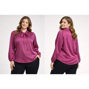 Women's Fuchsia Blouse Career Top - Long Sleeve Tie-Neck By Tres Jolie XL NWT